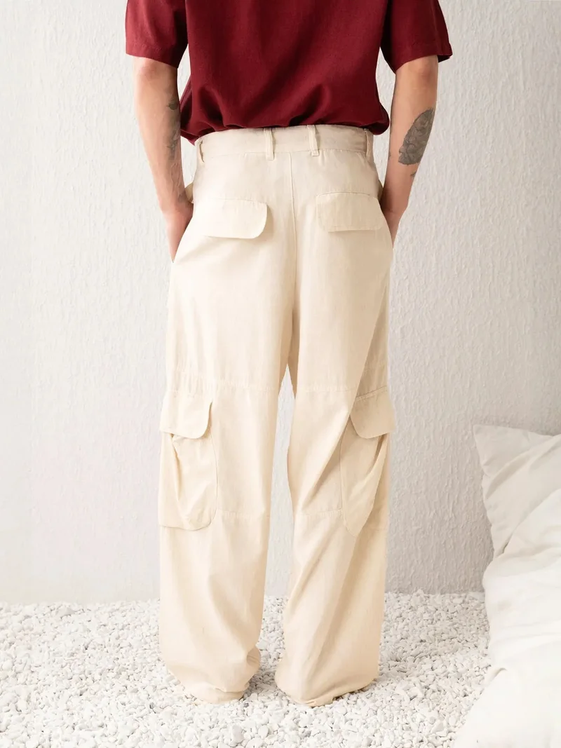 Giesto Beige Natural GIESTO Baggy Wide Leg Cargo Pants for Men | Best Price UAE
